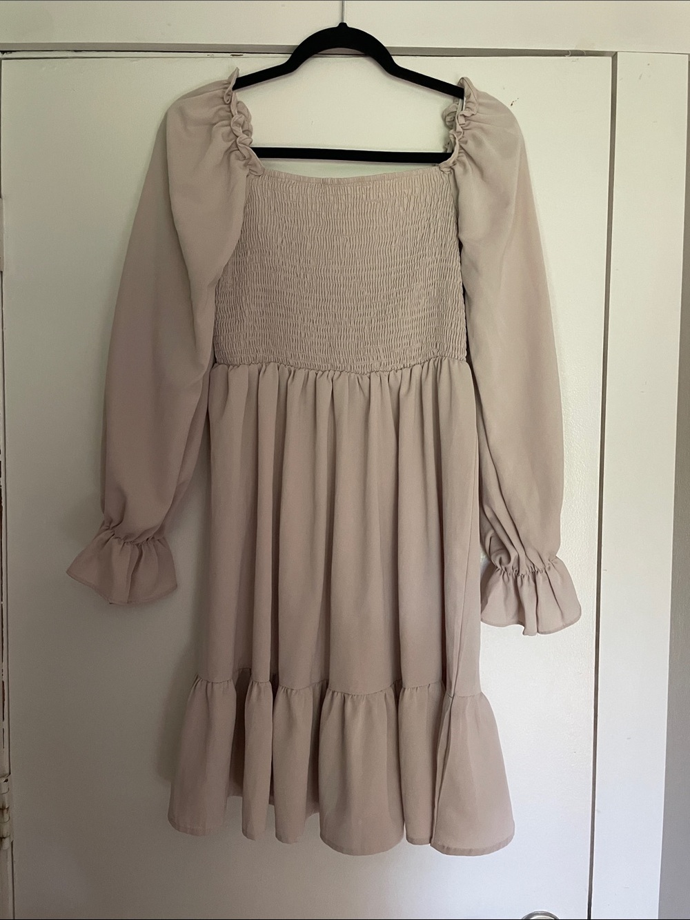 SHEIN Light Beige Smocked Square-Neck Long-Sleeve Dress